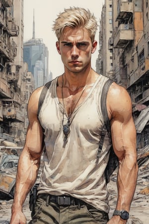 full body Masterpiece of  (a handsome man ), blond, (european), ((dirty)), (clean shaven), ((dirty face)), sad and angry face, looking at camera, ((dirty hair)), ((matted hair:1.5)) ((dirty_army clothingruins of a futuristic megapolis, junk in the streets, on a very hot day, pencil sketch, pen, acrylic, ink, drawing, painting, full body, perfect light, highly detailed, coloration, beautiful face,AngelicStyle