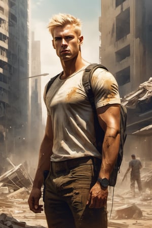 full body Masterpiece of  (a handsome man ), blond, (european), ((dirty)), (clean shaven), ((dirty face)), sad and angry face, looking at camera, ((dirty hair)), ((matted hair:1.5)) ((dirty_army clothingruins of a futuristic megapolis, junk in the streets, on a very hot day, pencil sketch, pen, acrylic, ink, drawing, painting, full body, perfect light, highly detailed, coloration, beautiful face,AngelicStyle