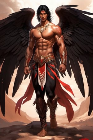 sole_male, 1boy, black_hair, brown_eyes, tanned skin, tan skin, native_american, muscular, toned_muscles, skinny, full_body, red_tattoos, angel_wings, full_body, fierce, detailed, detailed_face, detailed_eyes, high resolution, bold, korean Manhwa art style, Detailedface, full-body_portrait, full-length_portrait
