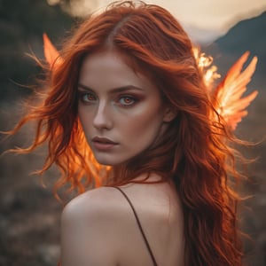 raw realistic potarait of  beautiful red head woman with red fire wings,red long wavy, amber eyes,hair cinematic look , grainy cinematic,  godlyphoto r3al,detailmaster2,aesthetic portrait, cinematic colors, earthy , moody,  