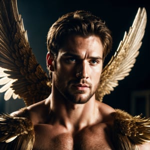 photorealistic portrait of a muscular male angel hiding behind his big wings, large wings, highly detailed portrait, atmospheric lighting, high quality,4k,(((((perfect cinemtic shot)))))((handsome face, sharp jawline,))