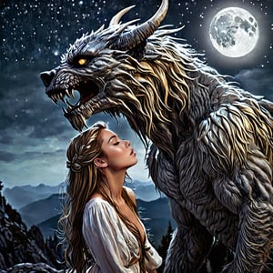 Capture a breathtaking moment atop a moonlit mountain peak where a stunningly beautiful young woman with golden brown hair bathed in the soft glow of the silver moonlight, stands face-to-face with a grotesque horror beast. The creature, its monstrous features accentuated by the eerie moonlight, exudes an aura of terror and malevolence. As the world around them seems to hold its breath, the girl, with unwavering bravery, leans in to plant a kiss on the creature's hideous, gnarled cheek. The scene is shrouded in an otherworldly, ethereal ambiance, emphasizing the stark contrast between beauty and horror.