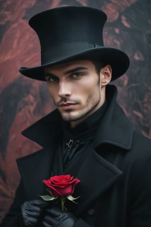 raw realistic photograph of a handsome man , sharp jawline, broad face,in black magician coat,with black magic hat, extremely handsome, perfect features, feline build body,carval,carnival backdrop, holding a rose in hand grainy cinematic, godlyphoto r3al, detailmaster2, aesthetic portrait, cinematic colors, earthy, moody