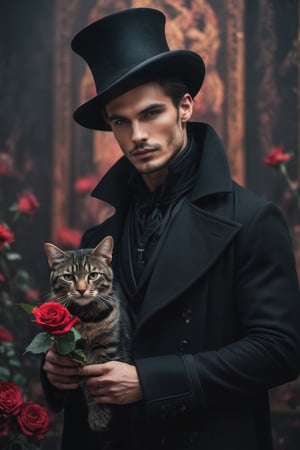 raw realistic photograph of a handsome man , sharp jawline, handsome perfect face in black magician coat,with black magic hat, extremely handsome, perfect features, feline build body,carval,carnival backdrop, holding a rose in hand grainy cinematic, godlyphoto r3al, detailmaster2, aesthetic portrait, cinematic colors, earthy, moody