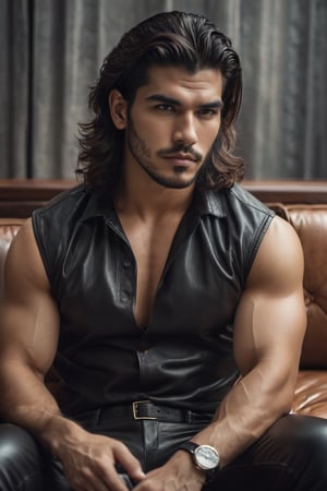 raw realistic photograph of a handsome man look like can yaman , black long hair, build muscle body, wearing leather pants, brown eyes,, handsome face, black hair, sophisticated look sitting on a sofa in style grainy cinematic, godlyphoto r3al, detailmaster2, aesthetic portrait, cinematic colors, earthy, moody