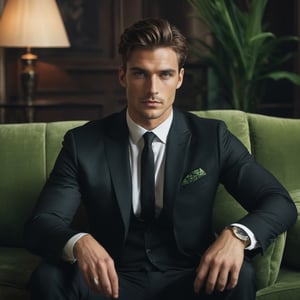 ,a handsome business man in black suit, green eyes, Italian, handsome, sophisticated, sharp jawline, sitting on sofa in style perfect sharp jawline,)Dimly Lit palace room, detailed face,  dark theme, Night, soothing tones, muted colors, high contrast, (natural skin texture, hyperrealism, soft light, sharp), (freckles:0.3), (cinemtic scene),  Cannon EOS 5D Mark III, 85mmcinemtic look , grainy cinematic, fantasy vibes  godlyphoto r3al,detailmaster2,aesthetic portrait, cinematic colors, earthy , moody, floral background, 