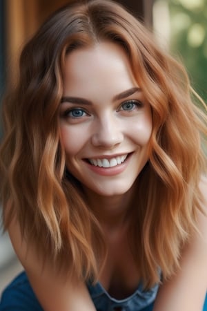 Beautiful woman , long wavy red hair,  hazel eyes, smiling,  ultrarealistic