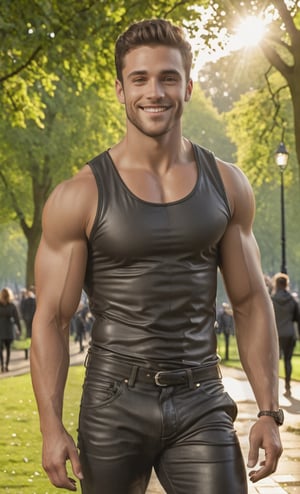 (photorealistic), masterpiece:1.5, beautiful lighting, best quality, beautiful lighting, realistic, real image, intricate details, Create an image of a young 30 year old man walking in a park in London, handsome muscular, smiling, dimples on his cheeks, focus on his expressive (brown eyes), detailed face. Dark wavy shoulder-length hai. black leather pants exposing muscular arms, muscular chest 
