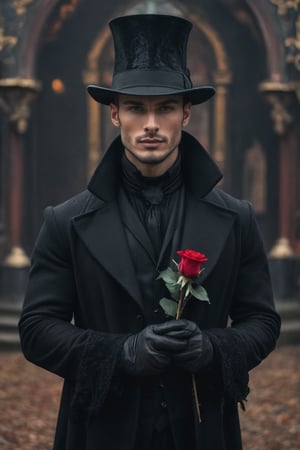 raw realistic photograph of a handsome man , sharp jawline, broad face,in black magician coat,with black magic hat, extremely handsome, perfect features, feline build body,carval,carnival backdrop, holding a rose in hand grainy cinematic, godlyphoto r3al, detailmaster2, aesthetic portrait, cinematic colors, earthy, moody