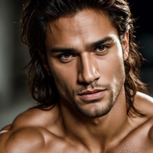 photorealistic portrait of a muscular male ,tan skin , brown eyes, long dark hair, extremely handsome,looks like can yaman,highly detailed portrait, atmospheric lighting, high quality,4k,(((((perfect cinemtic shot)))))((handsome face, sharp jawline,))