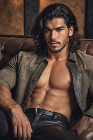 raw realistic photograph of a handsome man(( look like can yaman)) , board chest,rock backgroundblack long hair, build muscle body, wearing leather pants, brown eyes, warrior ,lord of bastard, handsome,tan skin handsome face, black hair, sophisticated look sitting on a sofa in style grainy cinematic, godlyphoto r3al, detailmaster2, aesthetic portrait, cinematic colors, earthy, moody