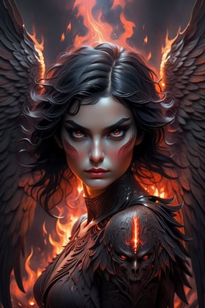pretty low high bob cut black haired beautiful woman(round face)fallen angel with,  looking at you, , red flame of hell behind her, ((large red wings))