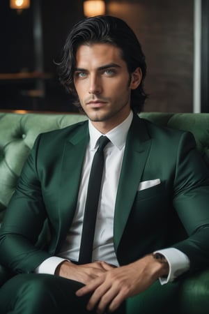raw realistic photograph of a handsome business man in black suit, green eyes, handsome face, black hair, sophisticated look sitting on a sofa in style grainy cinematic, godlyphoto r3al, detailmaster2, aesthetic portrait, cinematic colors, earthy, moody
