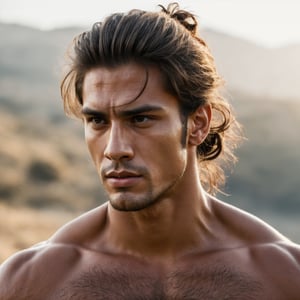 photorealistic portrait of a muscular male ,tan skin , brown eyes, long dark hair,half hair in bun, extremely handsome,looks like can yaman,highly detailed portrait, atmospheric lighting, high quality,4k,(((((perfect cinemtic shot)))))((handsome face, sharp jawline,))