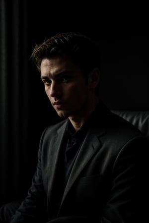  a handsome business man in black suit, green eyes, handsome, sophisticated, sharp jawline, sitting on sofa in style perfect sharp jawline, )Dimly Lit palace room, detailed face, dark theme, Night, soothing tones, muted colors, high contrast, (natural skin texture, hyperrealism, soft light, sharp), (freckles:0.3), (cinemtic scene), Cannon EOS 5D Mark III, 85mmcinemtic look, grainy cinematic, fantasy vibes godlyphoto r3al, detailmaster2, aesthetic portrait, cinematic colors, earthy, moody