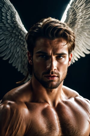 photorealistic portrait of a muscular male angel hiding behind his big wings, large wings, highly detailed portrait, atmospheric lighting, high quality,4k,(((((perfect cinemtic shot)))))((handsome face, sharp jawline,))
