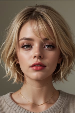 a beautiful female model, a beautiful young woman with short hair, bangs, blonde hair, hair between eyes, jewelry, parted lips, necklace, sweater, lips, portrait, facing viewer, freckles, realistic, red lips