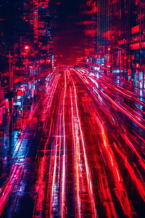 traffic threads long exposure red ribbons of lights through a rainy cityscape, tenebrism, colour degradation, datamoshing glitch effect, strong visual flow.