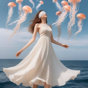 A photo-realistic rendering charming girl in the sky full of jellyfish, white dress, nature light, ultra realistic, 32K, (Flower Blindfold), long dress, Wide Short, nature landscape, masterpiece, best quality, RAW photo