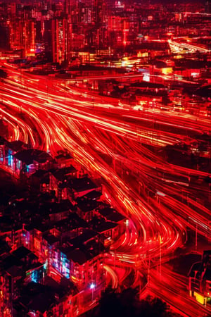 traffic threads long exposure red ribbons of lights through a rainy cityscape, tenebrism, colour degradation, datamoshing glitch effect, strong visual flow.