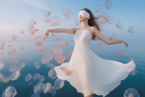 A photo-realistic rendering charming girl, in the sky full of jellyfish, white dress, nature light, ultra realistic, 32K, (Flower Blindfold), long dress, Wide Short, nature landscape, masterpiece, best quality, RAW photo