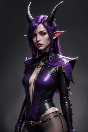 8k,  (absurdres,  highres,  ultra detailed), (1lady),  ((best quality)),  ((masterpiece)), female warlock tiefling, ((purple skin)), small ears, 2 small black goat horns, black leather_outfit,