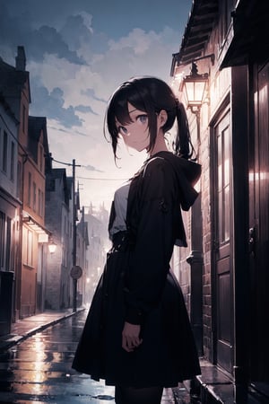 black background, beautiful 1girl, masterpiece. Aesthetic background, spooky castle like house, nightlight,breakdomain