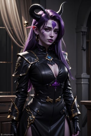 8k,  (absurdres,  highres,  ultra detailed), (1lady),  ((best quality)),  ((masterpiece)), female warlock tiefling, ((purple skin)), small ears, 2 small black goat horns, black leather_outfit,