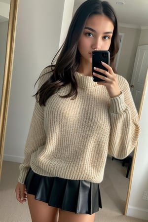 1girl, large breast, high Res, perfect face, magnificent eyes, (wearing sweater, mini skirt), taking mirror selfie with iphone, seductive,high Res, Beautiful body, (realistic, photorealism), (highest quality), (best shadow)