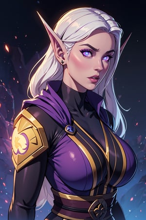 Beautiful mature ninja, kunoichi ,mature female, big breasts,purple and blue theme, voidelf, glowing eyes, magic, pointy ears, colored skin, very long hair, white hair, parted lips, epic scene,vox machina style