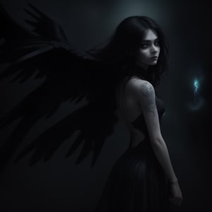 A hauntingly beautiful young woman stands centered in a dramatic composition, her raven-black hair cascading down her back like a waterfall of night. Soft lighting highlights her facial features, while the foreboding darkness behind her remains shrouded in mystery. Her Gothic-inspired tunic appears to shimmer with otherworldly energy, as if infused with dark magic. The tattoo on her skin seems to pulse with an intense inner light, illuminated by an unseen power source, casting a spell of mystique and allure.