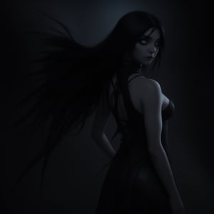 A hauntingly beautiful young woman stands against a backdrop of foreboding darkness, her long, raven-black hair cascading down her back like a waterfall of night. She wears a Gothic-inspired, tight-fitting tunic that seems to shimmer with an otherworldly energy, as if infused with the very essence of magic. Her eyes gleam with an inner intensity, illuminated by an unseen source of dark power, casting a spell of mystique and allure.