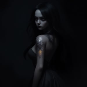A hauntingly beautiful young woman stands centered in a dramatic composition, her raven-black hair cascading down her back like a waterfall of night. Soft golden lighting highlights the delicate contours of her face, contrasting with the foreboding darkness behind her where mysterious shadows dance. Her Gothic-inspired tunic appears to shimmer with an otherworldly energy, as if infused with dark magic, while the tattoo on her skin pulses with an intense inner light, casting a spell of mystique and allure against the dark backdrop.
