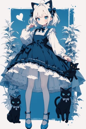 Cat-eared blonde girl in a blue dress with bows, ahoge, holding a black cat plush. Blue bow in hair. Text describes her as a "Pentenocede Cat D'us" - seemingly a cat-themed character/persona. Light blue with white accents color scheme. Hearts and ghost figures in the background. Frilly dress with petticoat details. White stockings and shoes with bows. Overall cute, frilly aesthetic with cat motifs.,Girl