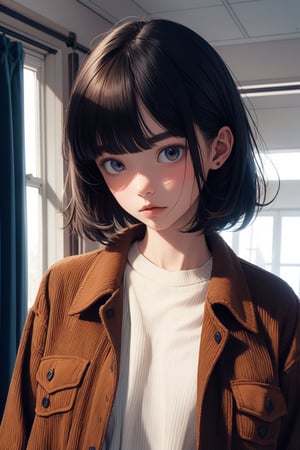 The inner shirt is visible between the buttons of a corduroy jacket that has been removed.She is looking somewhere in the room with a downcast gaze.