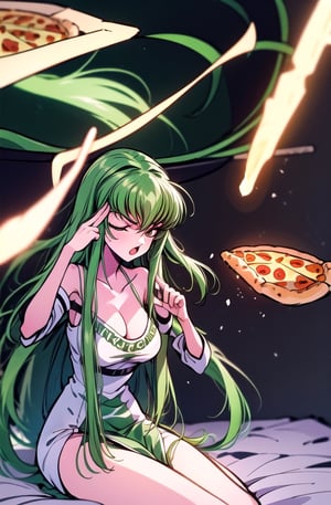  1girl, green hair, bangs, c.c., long hair, breast, cleavage, manlevitatingpizza, solo, sitting on bed, bed sheet, spacecraft interior background, floating pizza, instant transmission, fingers pointing to temple, 64K, f1.2, 800mm, UHD, dynamic lighting, codeGeass,c.c.