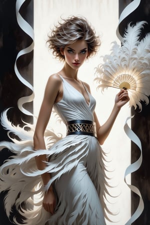 (masterpiece), Slender woman holds a fan of natural White ostrich feathers in her hand, (she places the open fan of White ostrich feathers on her waist, as if it were a belt. This highlights her figure and her style), The image has A geometric art style, with simple shapes and solid colors, which give it an elegant and sober look, real and detailed, highlights the color of your eyes, the image must be high impact, the background must be dark and contrast with the figure of the girl, The image must have a high detail resolution of 8k, (full body), (artistic pose of a woman),Leonardo Style,A girl dancing,Face makeup,DonMM4g1cXL ,darkart,orbstaff,DonMD34thM4g1cXL