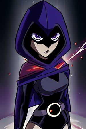 Raven TT with purple hooded cape, cartoon style.Teen Titans.(masterpiece), Raven TT wears a black leotard and a belt around her hips.RavenTT has light gray skin, violet-blue eyes, and shoulder-length violet hair. Best attack pose.Best dark spell casting pose, image quality is 8k,line anime,娆х編鍗￠��,explosionmagic 