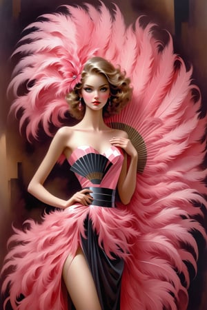 (masterpiece), Slender woman holds a fan of natural pink ostrich feathers in her hand, (she places the open fan of pink ostrich feathers on her waist, as if it were a belt. This highlights her figure and her style), The image has A geometric art style, with simple shapes and solid colors, which give it an elegant and sober look, real and detailed, highlights the color of your eyes, the image must be high impact, the background must be dark and contrast with the figure of the girl, The image must have a high detail resolution of 8k, (full body), (artistic pose of a woman),Leonardo Style,A girl dancing,Face makeup,darkart