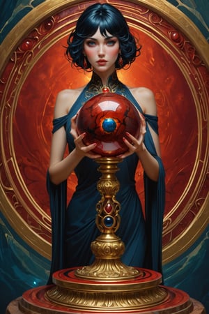 Detailed shot of a beautiful slender woman on a gold pedestal, blue-black hair, makeup, hypnotizing look, red jasper stone crystal ball in her hand, posing creatively with red jasper, digital painting, intricate, elegant, highly detailed, seasonal art impressionist art, sharp soft focus, illustration, Unreal Engine 5, 8k, art by artgerm and greg rutkowski and alphonsemucha,DonMD34thM4g1cXL