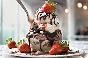 Huge ice cream sundae, strawberry, cream, chocolate sprinkles, a leaf of mint, fresh cut strawberries, chocolate sauce overflowing onto the table, spoon in the center towards the camera with ice cream on it which is melting and dripping, background white table think with lace, Young woman in the background pushes the spoon into her mouth with relish macro photography, deep blur lora:detail_slider,booth,sweetscape