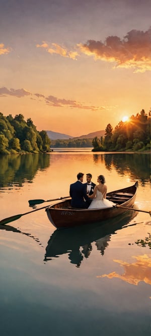 landscape at sunset, of a lake with a boat, in the middle of the lake, where a wedding couple of a man and a woman are mounted, with sad faces, each one rowing in a different direction