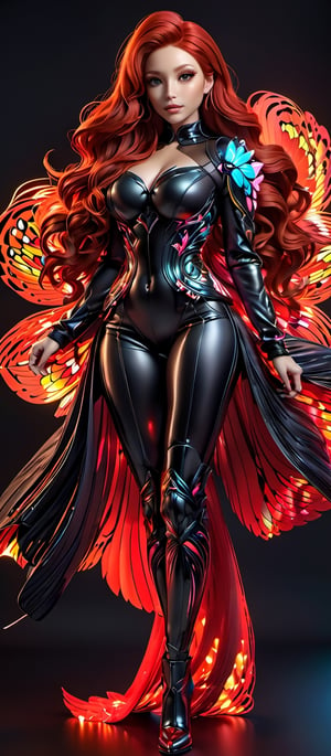 Half Body In frame Beautiful sheer neon light skin Red haired woman with large size breasts and big butt portrait, work of beauty and complexity, hyperdetailed facial features, show feet, wearing Red Monarch Butterfly with matching ankle boots,black background, 3d, 8k UHD