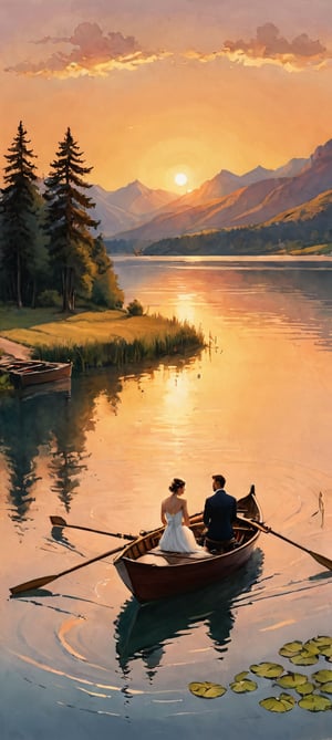 landscape at sunset, of a lake with a boat, in the middle of the lake, where a wedding couple of a man and a woman are mounted, with sad faces, each one rowing in a different direction