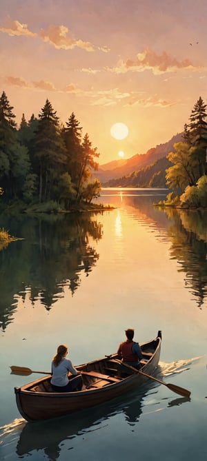 landscape at sunset, of a lake with a boat, in the middle of the lake, where a couple of a man and a woman are riding, with sad faces, each one rowing in a different direction, close shot where they can be seen in detail the sad faces