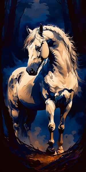 Abstract painting of a Highly detailed powerful white horse, a living woods against a backdrop fog, standing majestically, illuminated, focused on the character,  Hue of Blue ink