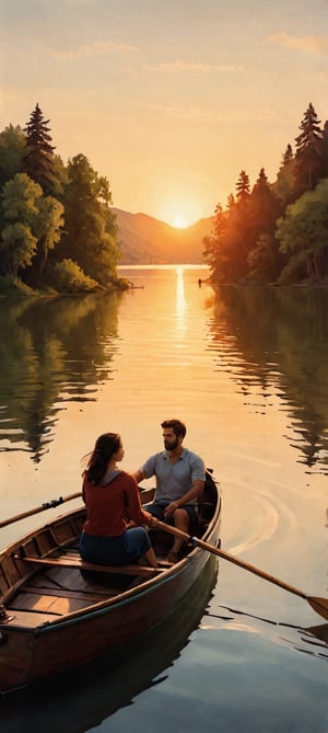 landscape at sunset, of a lake with a boat, in the middle of the lake, where a couple of a man and a woman are riding, with sad faces, each one rowing in a different direction, close shot where they can be seen in detail the sad faces