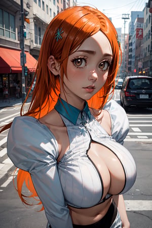 (masterpiece), best quality, expressive eyes, perfect face, looking at viewer, 1girl, solo, (upper body), brown eyes, orange hair, long hair, orihimedef, hair ornament, center opening, large breasts, detached sleeves, midriff, (portrait), street