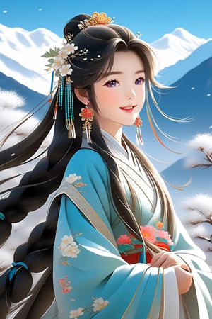 An amazingly beautiful young Chinese gril, star gao yuanyuan, big eyes, very cleanand delicate face, soft and delicate face lines, smiling, optimistic and confident, beautiful long braids, Wear some traditional rich Tibetan ornaments, flowers and beads, side face, side view, long shot, very delicate facial features, Blue sky and white clouds, with snowy mountains in the background,Full body, panoramic, in the snow, Movie scene,Ultra high definition, highest picture quality, highest quality,16k, 