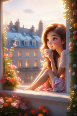 Oil painting, girl leaning against the window sill, resting her chin on the window and looking out the window, wide open window, (outside the window, various flowers are blooming in the flower bed), very delicate and soft lighting, details, Ultra HD, 8k, animated film, girl , holding a coffee cup, sitting on the window sill, holding a cup in both hands, shaking legs,